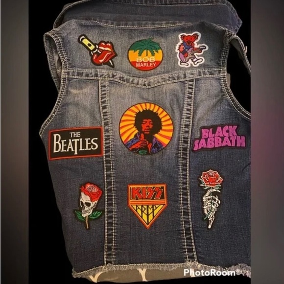 CUSTOMIZED DENIM VEST JACKET W/ THE ICONIC ROCK BANDS!! 18 PATCHES ON IT !! - Picture 2 of 12